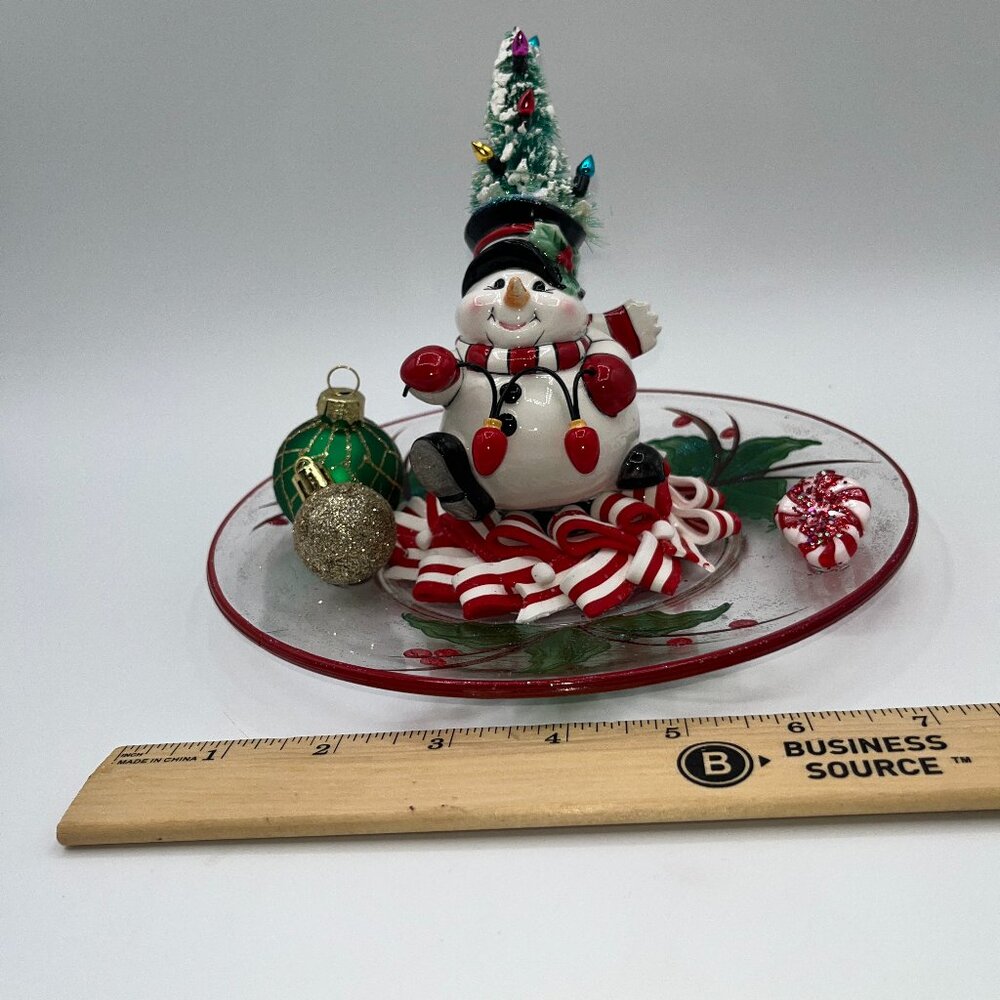 Vintage Ceramic Snowman With Bottle Brush Tree String Light Hat Candy Cane OOAK - Picture 15 of 16